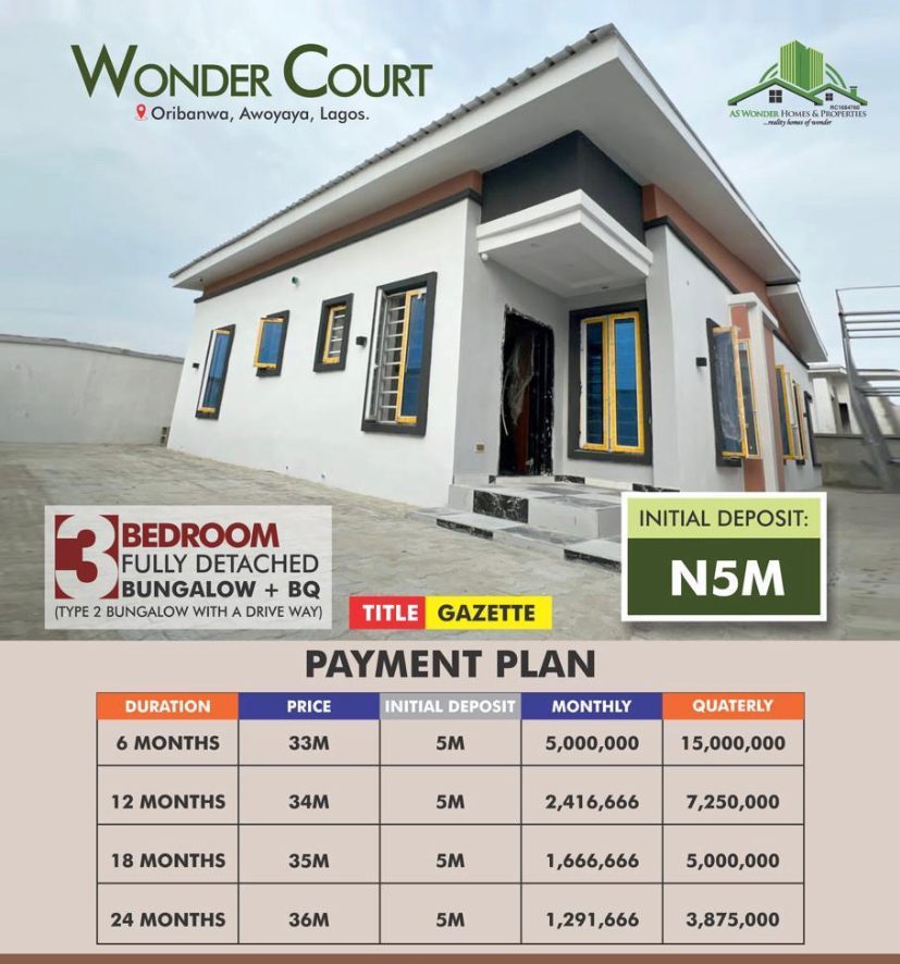 WONDER COURT, Awoyaya is offering a rare opportunity to own a stunning contemporary 3bedroom Detached Bungalow in Lagos