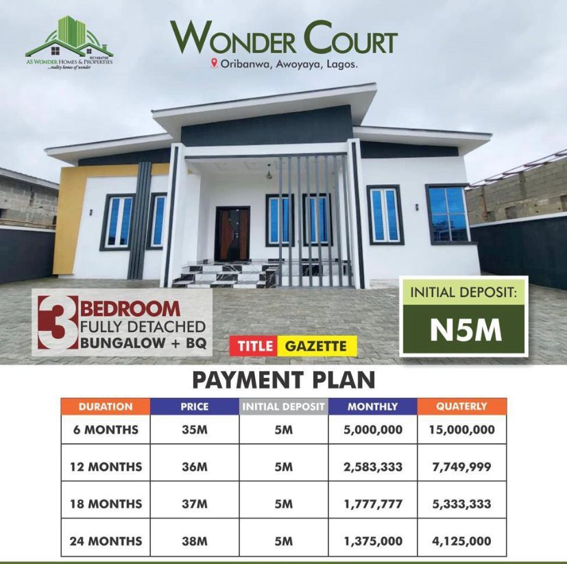 WONDER COURT, Awoyaya is offering a rare opportunity to own a stunning contemporary 3bedroom Detached Bungalow in Lagos